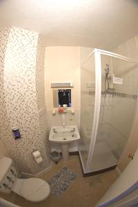 a bathroom with a toilet and a sink and a shower at The Eastleigh in Skegness