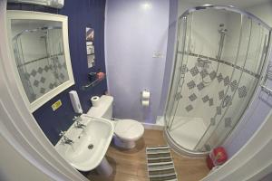 a bathroom with a sink and a toilet and a shower at The Eastleigh in Skegness
