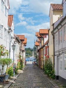 a cobblestone street in a town with buildings at Ferienwohnung Flensfjord in Wees +13 photos