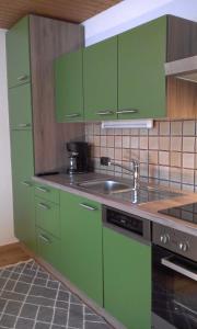 a kitchen with green cabinets and a sink at Ferienwohnungen Fahringer Diana in Kössen
