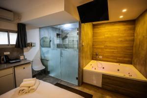 a bathroom with a shower and a tub and a television at G38 Rental Apartment Building in Haifa