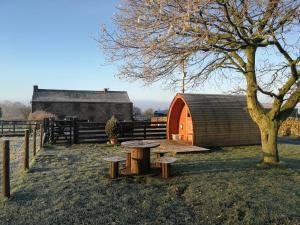 a picnic table next to a tree and a building at Sunny Mount Glamping Pod in Long Marton