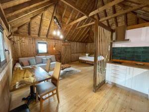 een kamer met een eettafel en een woonkamer bij Mountain Eco Shelters 2 in Funchal