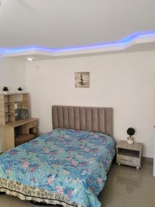 ein Schlafzimmer mit einem Bett mit einer farbenfrohen Tagesdecke in der Unterkunft Pretty and independent Apartment located in Tunis city in Tunis