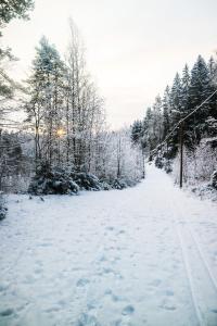a snow covered road with trees on the side at Stay Kymi kalustetut huoneistot in Kouvola