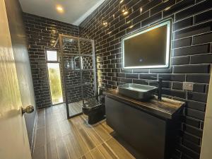 a bathroom with a sink and a toilet and a tv at The Shed in Nakuru