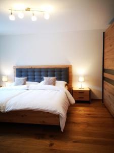 a bedroom with a large bed with a blue headboard at Ferienwohnungen BERGfeeling in Bad Mitterndorf