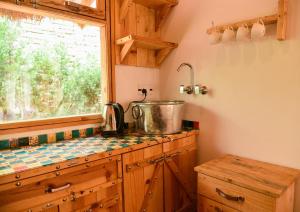 eine Küche mit einer Theke mit einem Waschbecken und einem Fenster in der Unterkunft The Naturewalk in Mukteswar