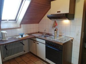a small kitchen with a sink and a stove at Ferienwohnung Haus Silvia in Fladungen