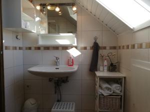 a bathroom with a sink and a mirror at Ferienwohnung Haus Silvia in Fladungen