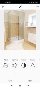 ein Bad mit einer Dusche und einer Glastür in der Unterkunft Apartmán Jeseníky in Karlovice