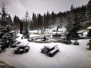 un parc recouvert de neige avec des bancs et une fontaine dans l'établissement Hotel Draga Maria, à Predeal