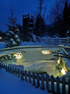 a garden covered in snow at night at Hotel Draga Maria in Predeal