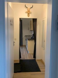 a hallway leading to a kitchen with a ceiling fan at Appartement Rothaarsteig in Medebach