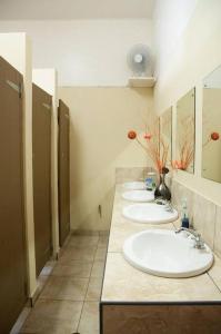 uma casa de banho com três lavatórios e uma fila de espelhos em A Sunflower Stop Backpackers na Cidade do Cabo