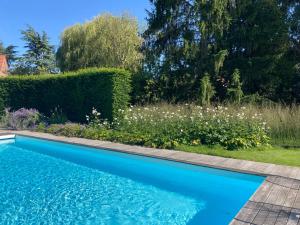 a blue swimming pool in a garden with flowers at Les Glycines in Croix