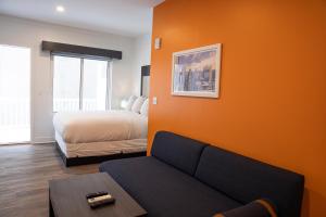 ジャージー・シティーにあるPeachtree Suites - Jersey Cityのベッドとソファのあるリビングルーム