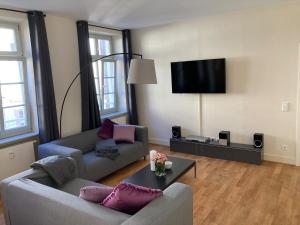 a living room with two couches and a flat screen tv at Schlossblick - a62076 in Heidelberg