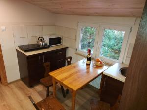 a small kitchen with a wooden table and a sink at Apartament Ruska Bania Na Pograniczu in Lasowka