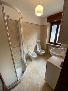 uma casa de banho com um chuveiro, um WC e um lavatório. em Appartamento Proasch em Issime