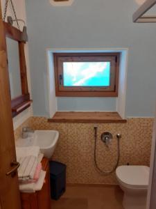 baño con lavabo y aseo y ventana en La scuola en Riclaretto