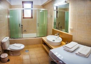 La salle de bains est pourvue d'un lavabo, de toilettes et d'un miroir. dans l'établissement Villa Belair, à Agia Triada