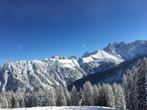 Eine Person steht auf einem schneebedeckten Berg in der Unterkunft ihle-huimat in Oberstdorf