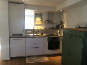 a kitchen with white and green cabinets and a sink at ihle-huimat in Oberstdorf