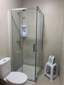 La salle de bains est pourvue d'une douche, de toilettes et d'un tabouret. dans l'établissement Apartamentos La Unión, à Arroyo de la Luz