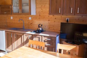 uma cozinha com armários de madeira, um lavatório e uma televisão em Domki Letniskowe Kopań em Darlowko