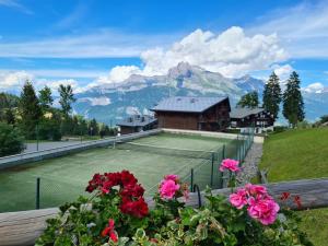a tennis court with mountains in the background with flowers at Ecrin des Glaciers Combloux in Combloux