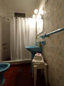 a bathroom with a blue sink and a shower at Posada Don Salvador in San Antonio de Areco +70 photos