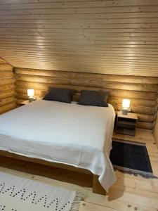 1 dormitorio con 1 cama en una pared de madera en Котедж Gasthof Dresden, en Pilipets