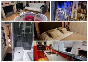 a collage of four pictures of a living room at "L'Appart" Vieux Tours - Charme - Place Plumereau - Arrivée Autonome in Tours +42 photos