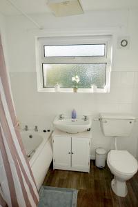 a bathroom with a sink and a toilet and a window at South Stack Bungalow in Holyhead
