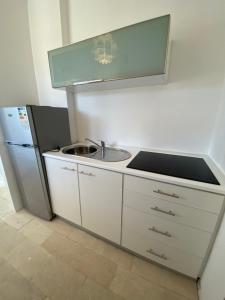 a kitchen with a sink and a refrigerator at Villa Nº25b Alfredo Marchetti suites on the beach Praia di Chaves in Cabeçadas