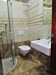 een badkamer met een toilet, een wastafel en een douche bij Gostišče Zvezda Ljutomer in Ljutomer