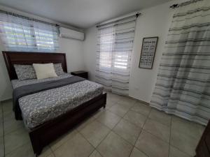 a bedroom with a bed and two windows at Aguadilla Sunrise apt with AC WIFI 8 minute walk from Crashboat beach in Aguadilla