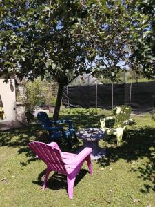 três cadeiras e uma mesa num quintal com uma árvore em Chez Pat & Mat em La Canourgue