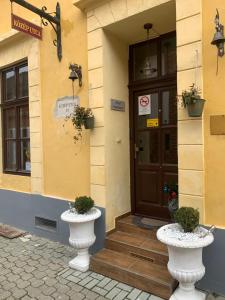 a building with two white vases in front of a door at Anna Apartman in Pápa