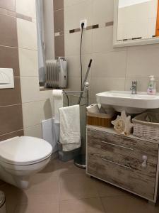 a bathroom with a toilet and a sink at Anna Apartman in Pápa