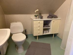 Un baño con un inodoro blanco y un lavabo. en Central vindslägenhet med gratis parkering, en Lindesberg