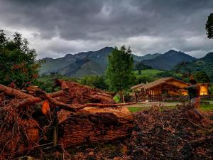 uma pilha de troncos com montanhas ao fundo em Casas Rurales Entrecastaños em Cangas de Onís