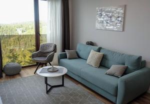 ein Wohnzimmer mit einem blauen Sofa und einem Fenster in der Unterkunft Vila Planinsko Blago in Kopaonik