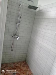 eine Dusche im Bad mit weißen Fliesen in der Unterkunft La Marie-Galantaise dans la nature in Beaurenom