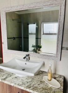 a bathroom sink with a large mirror above it at Tuscan House in Hartenbos