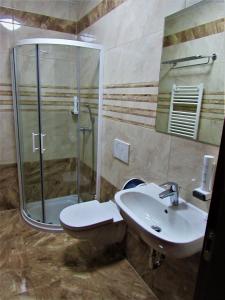 ein Bad mit einer Dusche, einem WC und einem Waschbecken in der Unterkunft Gostišče Zvezda Ljutomer in Ljutomer