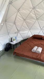 a bed in a tent with two pillows on it at ข้างเขาแคมป์ Khangkhao Camp in Ban Yang Khun Wang