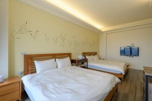 1 dormitorio con 2 camas y TV en la pared en Fengxianlu Herb Garden Homestay, en Magong
