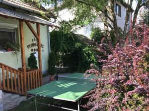 una mesa de ping pong en el porche de una casa en Zöld Vendégház, en Csernely